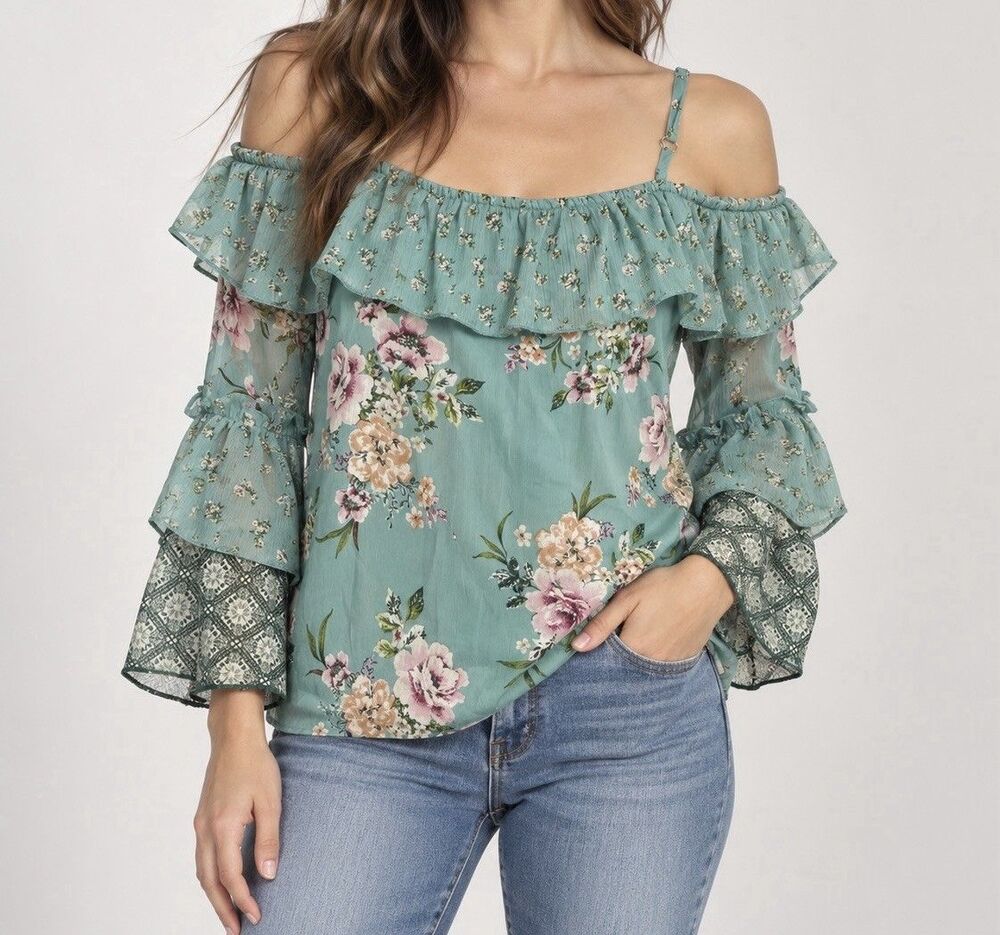 Xhilaration Womens S Teal Floral Cold Shoulder Ruffle Bell Sleeve Blouse Boho